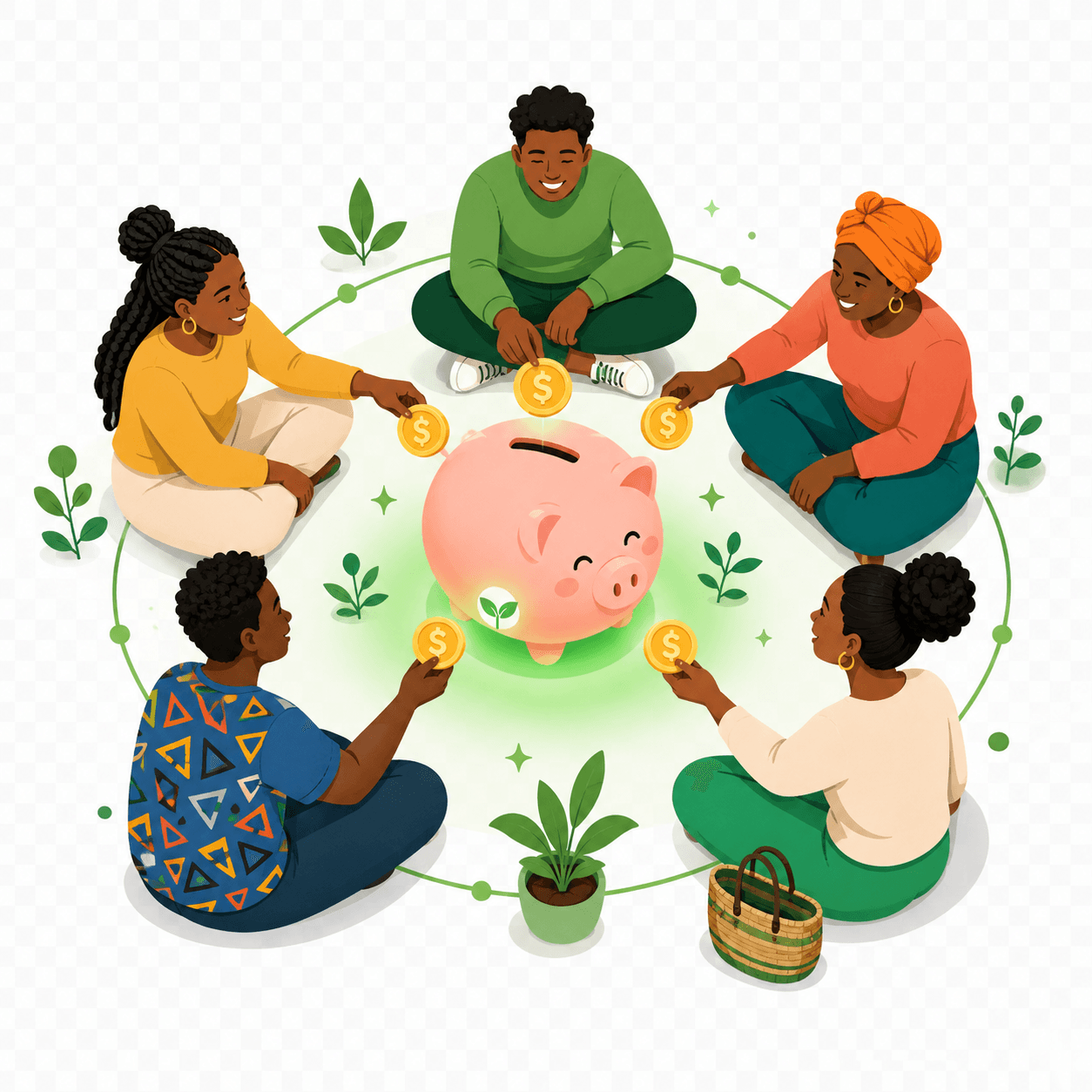 People saving together in a circle around a shared pot
