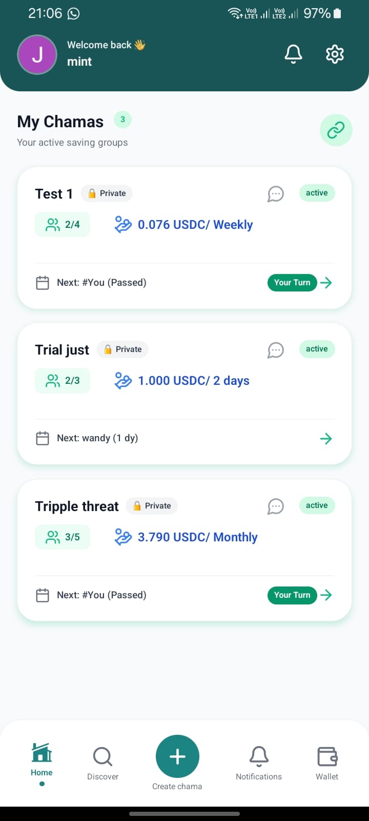 ChamaPay app — My Chamas screen